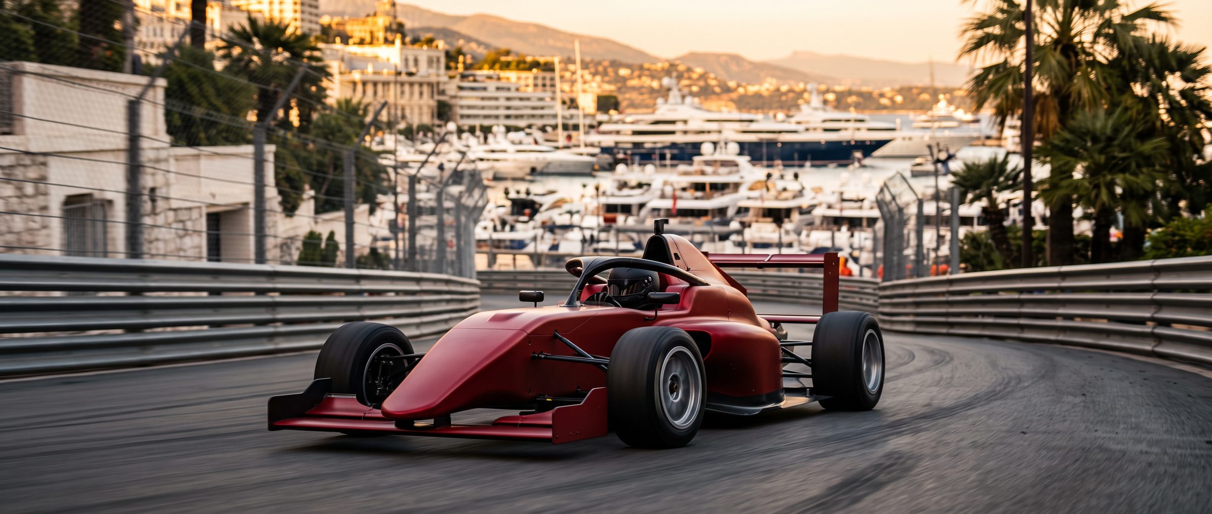 A red single-seater race car on a Mediterranean street circuit, harbour and yachts behind