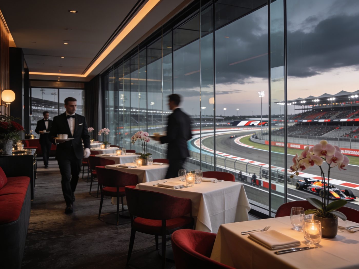 Premium F1 hospitality suite overlooking the race circuit